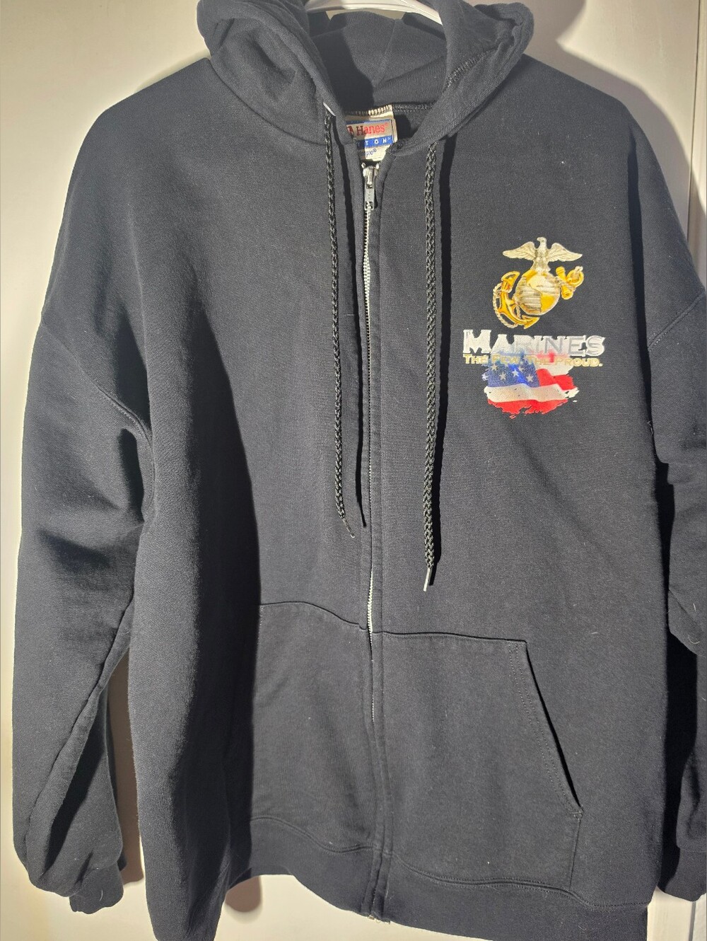 Vintage Hanes Black Full-Zip Hoodie with Marines Emblem and Flag Graphic